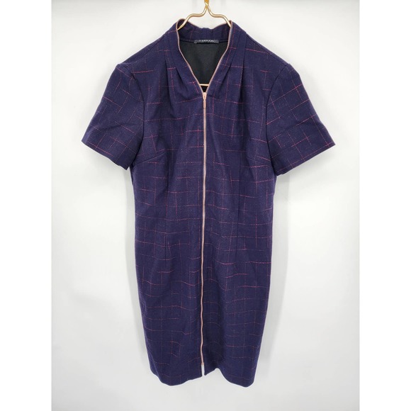 Tahari Stargazer Navy & Red Full Front Zip Short Sleeve Dress Size 10 - Picture 1 of 6